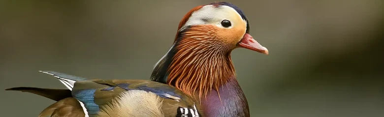 Pato Mandarín. Pájaro extremadamente colorido con detalles marrones, azules, verdes, morados, rojizos y blancos.